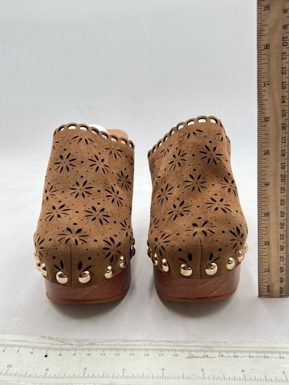 FOWT Tan Studded Round Toe Floral Cut Out Platform Mules Chunky Heel Sandals - Picture 3 of 8
